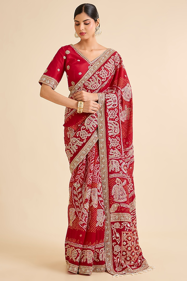 Red Georgette Embroidered Bandhani Bridal Saree Set by Faabiiana at Pernia's Pop Up Shop