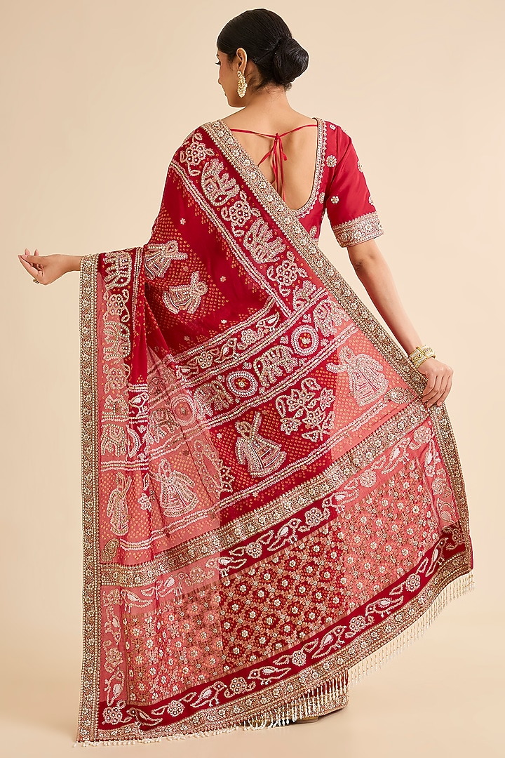Red Georgette Embroidered Bandhani Bridal Saree Set by Faabiiana at Pernia's Pop Up Shop