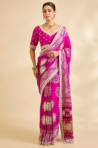 Rani Pink Gajji Silk Saree Set by Faabiiana