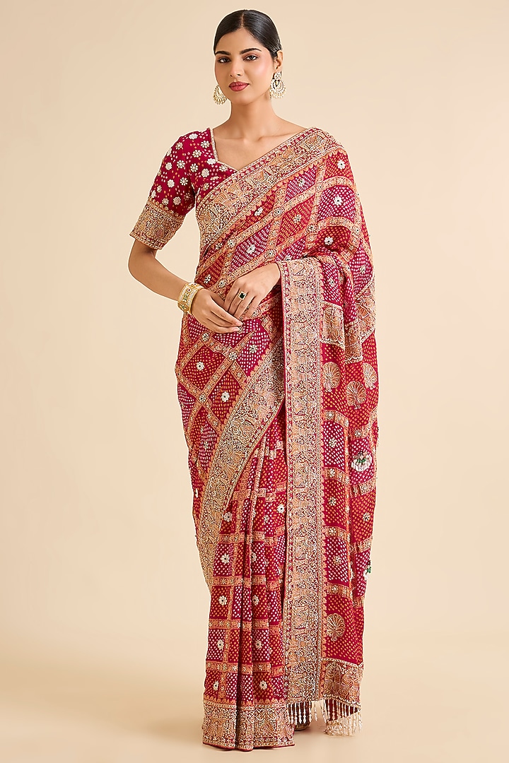 Red Georgette Embroidered Gharchola Bridal Saree Set by Faabiiana at Pernia's Pop Up Shop