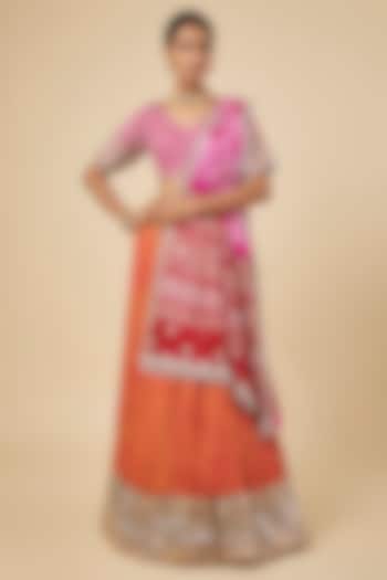 Orange Silk Habutai Crush Lappa Bandhani Bridal Lehenga Set by Faabiiana at Pernia's Pop Up Shop