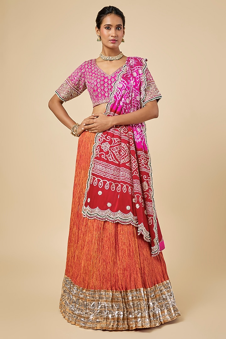 Orange Silk Habutai Crush Lappa Bandhani Bridal Lehenga Set by Faabiiana at Pernia's Pop Up Shop