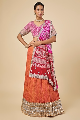 Orange Silk Habutai Crush Lappa Bandhani Lehenga Set by Faabiiana