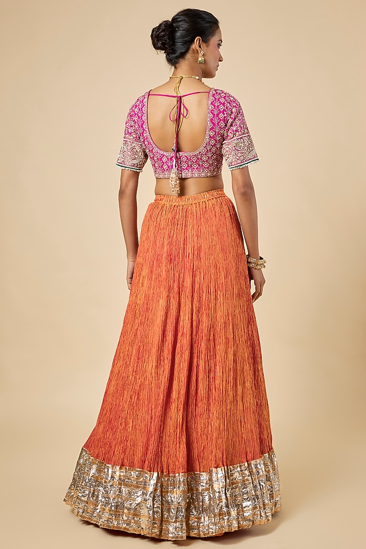 Orange Silk Habutai Crush Lappa Bandhani Bridal Lehenga Set by Faabiiana at Pernia's Pop Up Shop