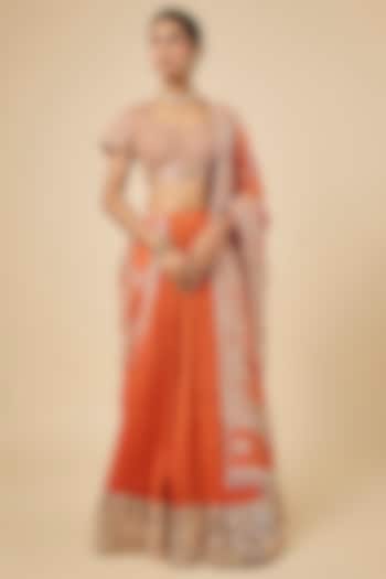 Orange Silk Habutai Crush Lappa Bridal Lehenga Set by Faabiiana at Pernia's Pop Up Shop