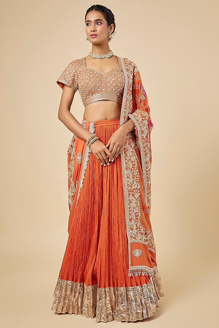 Orange Silk Habutai Crush Lappa Bridal Lehenga Set by Faabiiana at Pernia's Pop Up Shop