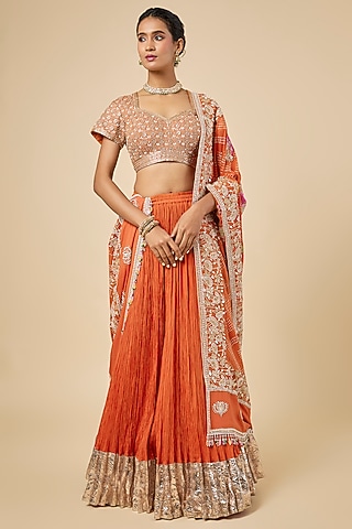 Orange Silk Habutai Crush Lappa Lehenga Set by Faabiiana