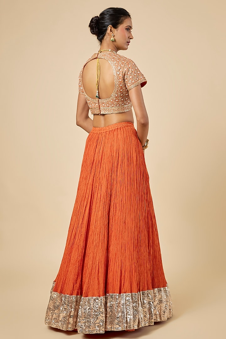 Orange Silk Habutai Crush Lappa Bridal Lehenga Set by Faabiiana at Pernia's Pop Up Shop