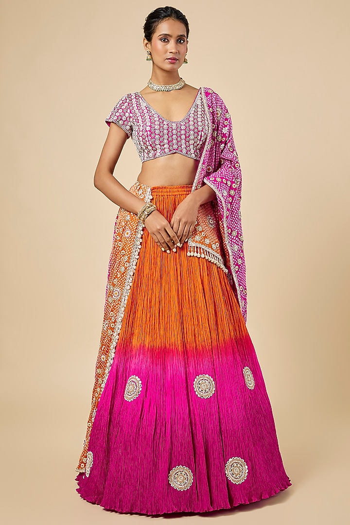 Orange & Pink Ombre Silk Habutai Bridal Lehenga Set by Faabiiana at Pernia's Pop Up Shop