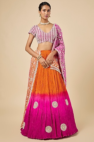 Orange & Pink Ombre Silk Habutai Lehenga Set by Faabiiana