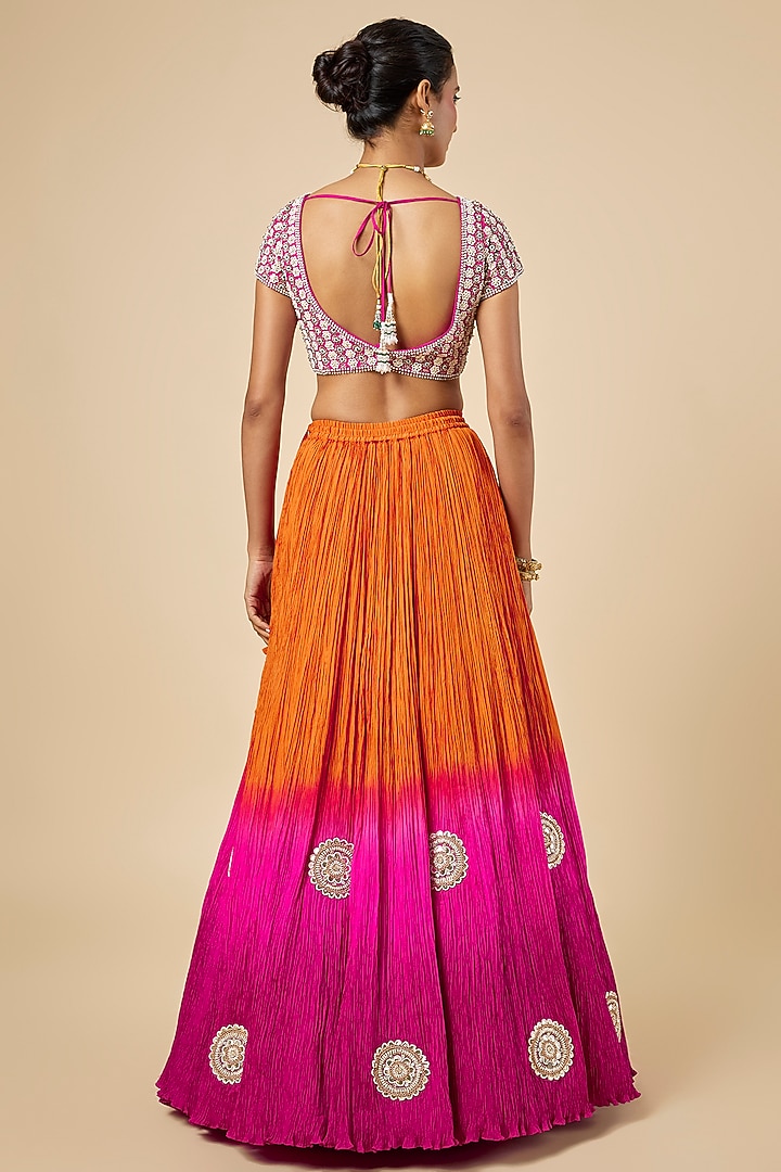 Orange & Pink Ombre Silk Habutai Bridal Lehenga Set by Faabiiana at Pernia's Pop Up Shop
