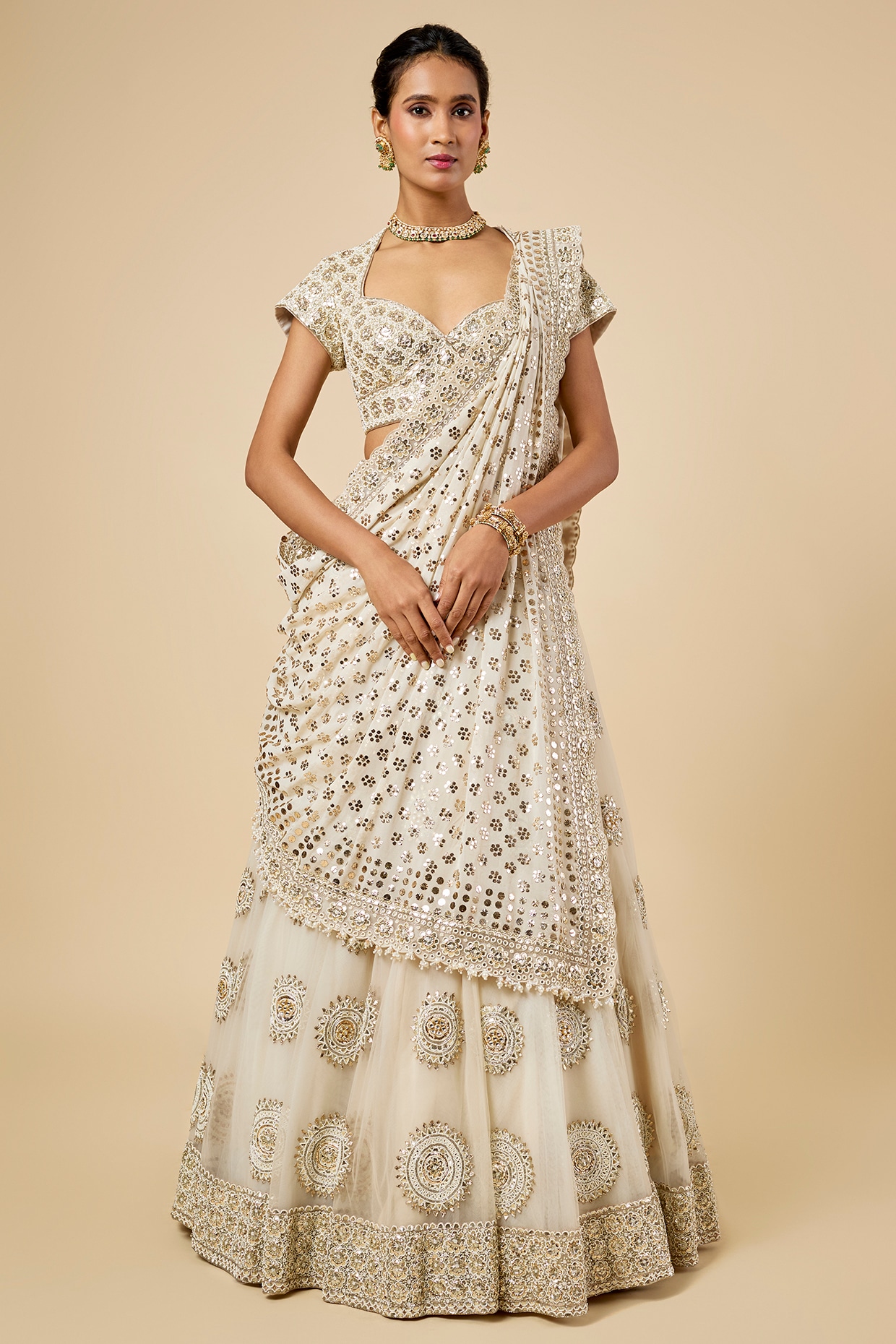 Faabiiana Ivory Net Mukaish Embroidered Lehenga Set