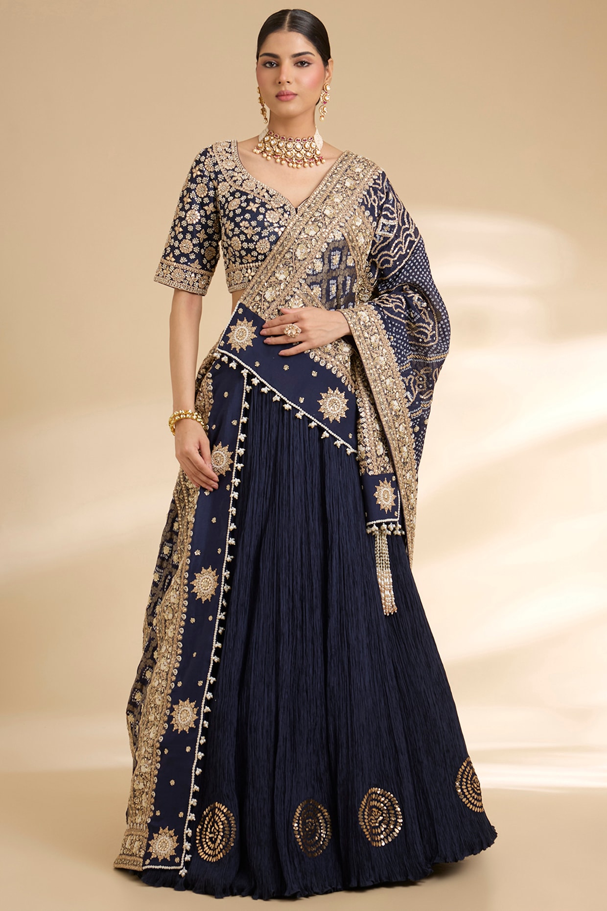 Faabiiana Navy Blue Silk Embroidered Lehenga Set