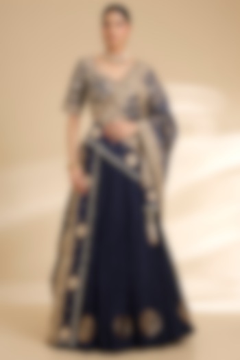 Navy Blue Silk Embroidered Bridal Lehenga Set by Faabiiana at Pernia's Pop Up Shop