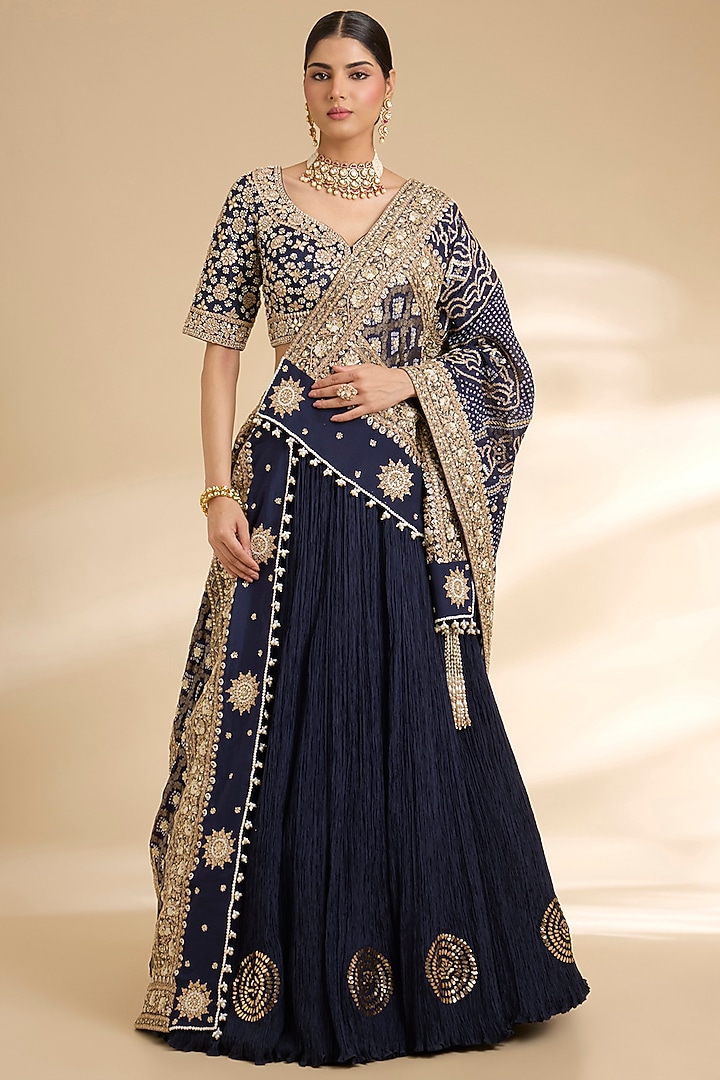 Navy Blue Silk Embroidered Bridal Lehenga Set by Faabiiana at Pernia's Pop Up Shop