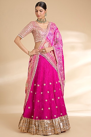 Rani Pink Silk Embroidered Lehenga Set by Faabiiana