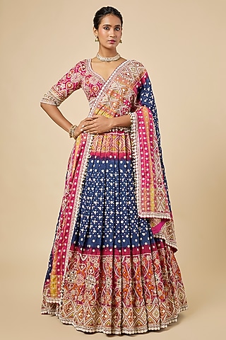 Navy Blue Patola Bandhani Lehenga Set by Faabiiana