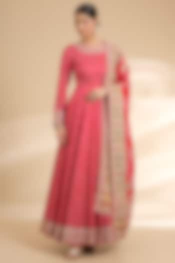Red Gajji Silk Embroidered Bridal Anarkali Set by Faabiiana at Pernia's Pop Up Shop