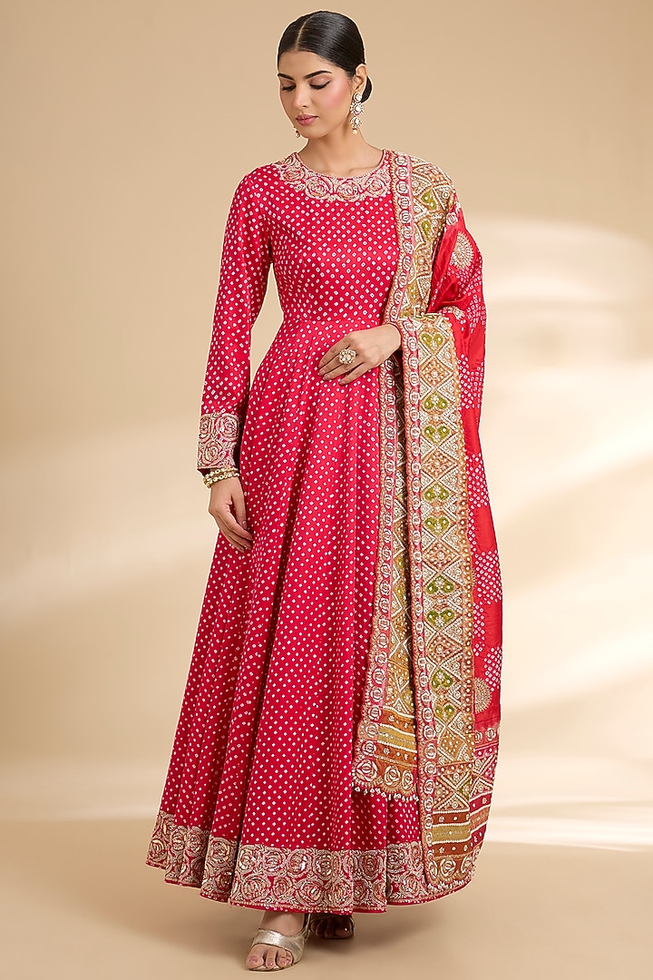 Red Gajji Silk Embroidered Bridal Anarkali Set by Faabiiana at Pernia's Pop Up Shop