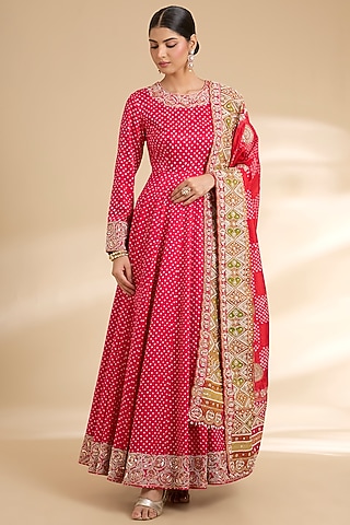 Red Gajji Silk Embroidered Anarkali Set by Faabiiana