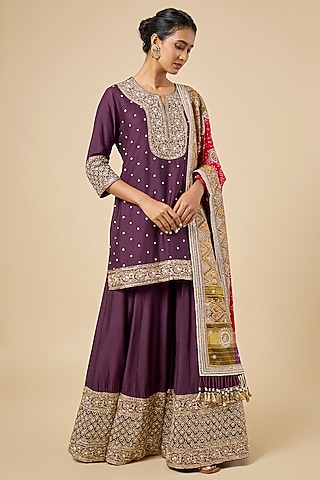 Purple Patola Bandhani Sharara Set by Faabiiana