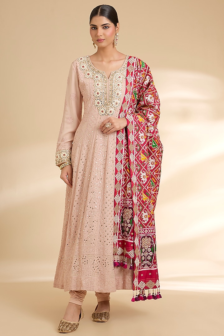 Blush Pink Georgette Chikankari Embroidered Bridal Anarkali Set by Faabiiana at Pernia's Pop Up Shop
