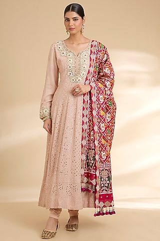 Blush Pink Georgette Chikankari Embroidered Anarkali Set by Faabiiana
