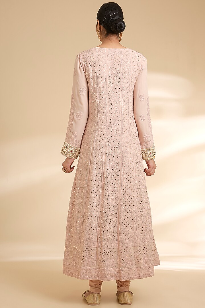 Blush Pink Georgette Chikankari Embroidered Bridal Anarkali Set by Faabiiana at Pernia's Pop Up Shop