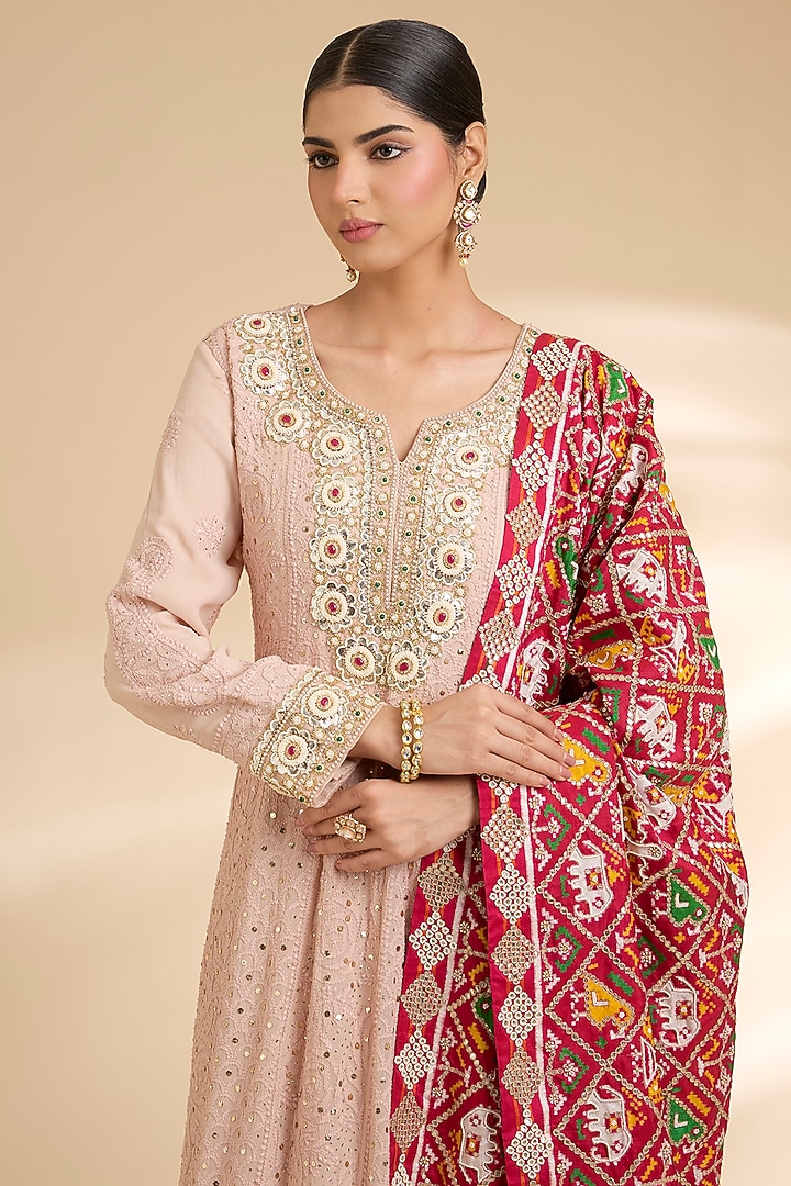 Blush Pink Georgette Chikankari Embroidered Bridal Anarkali Set by Faabiiana at Pernia's Pop Up Shop