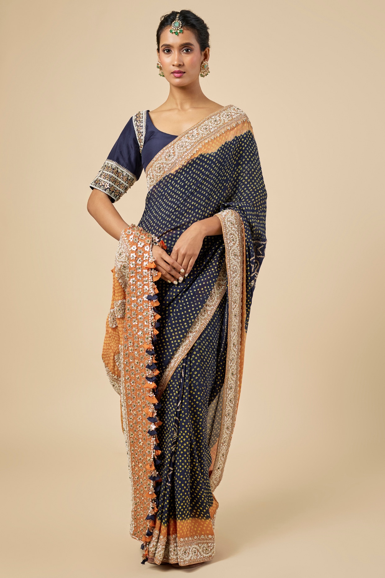 Faabiiana Navy Blue Silk Georgette Bandhani Saree Set
