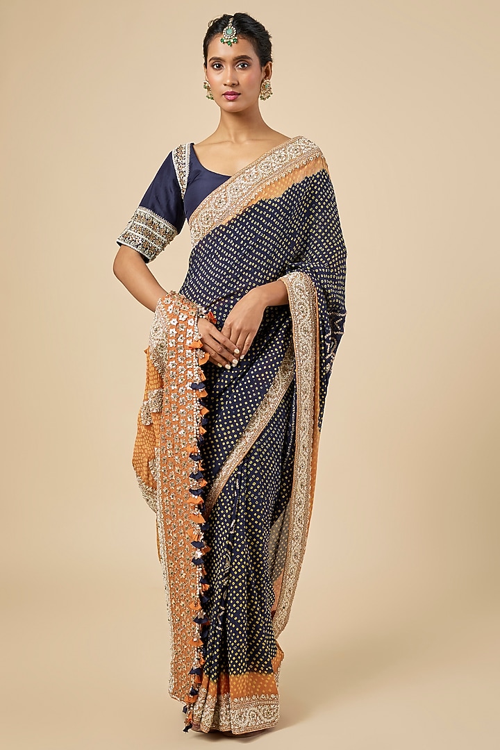 Navy Blue Silk Georgette Bandhani Bridal Saree Set by Faabiiana at Pernia's Pop Up Shop