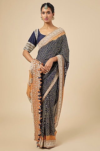 Navy Blue Silk Georgette Bandhani Saree Set by Faabiiana