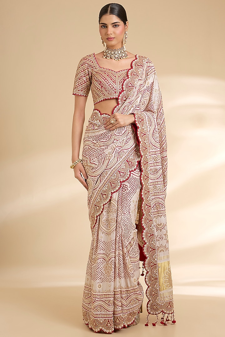 Blush Pink Gajji Silk Embroidered Bridal Saree Set by Faabiiana at Pernia's Pop Up Shop