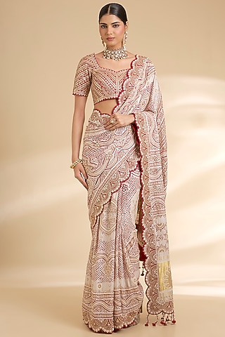 Blush Pink Gajji Silk Embroidered Saree Set by Faabiiana