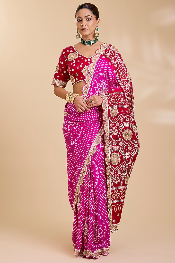 Rani Pink Gajji Silk Bandhani Bridal Saree Set by Faabiiana at Pernia's Pop Up Shop
