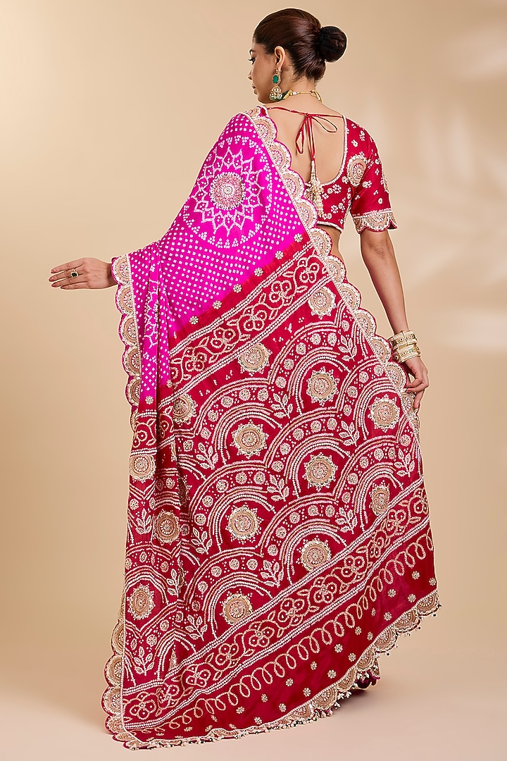 Rani Pink Gajji Silk Bandhani Bridal Saree Set by Faabiiana at Pernia's Pop Up Shop