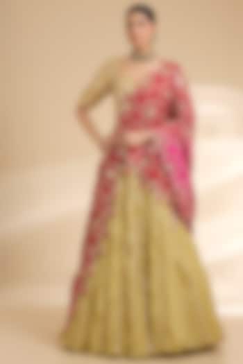 Mehendi Green Silk Embroidered Bridal Lehenga Saree Set by Faabiiana at Pernia's Pop Up Shop
