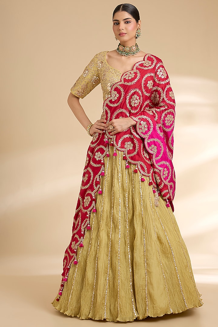 Mehendi Green Silk Embroidered Bridal Lehenga Saree Set by Faabiiana at Pernia's Pop Up Shop