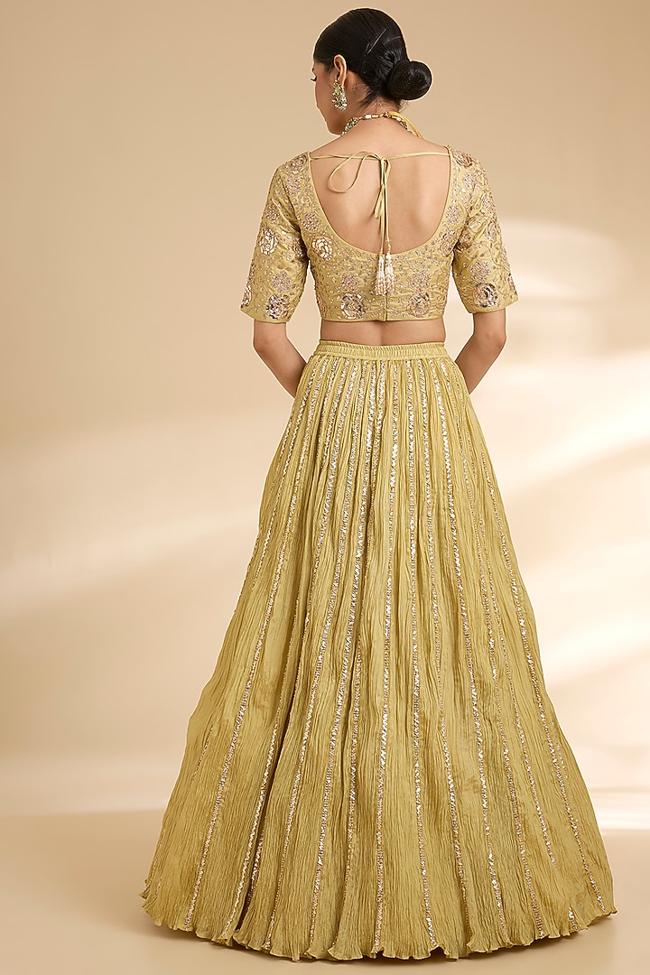 Mehendi Green Silk Embroidered Bridal Lehenga Saree Set by Faabiiana at Pernia's Pop Up Shop