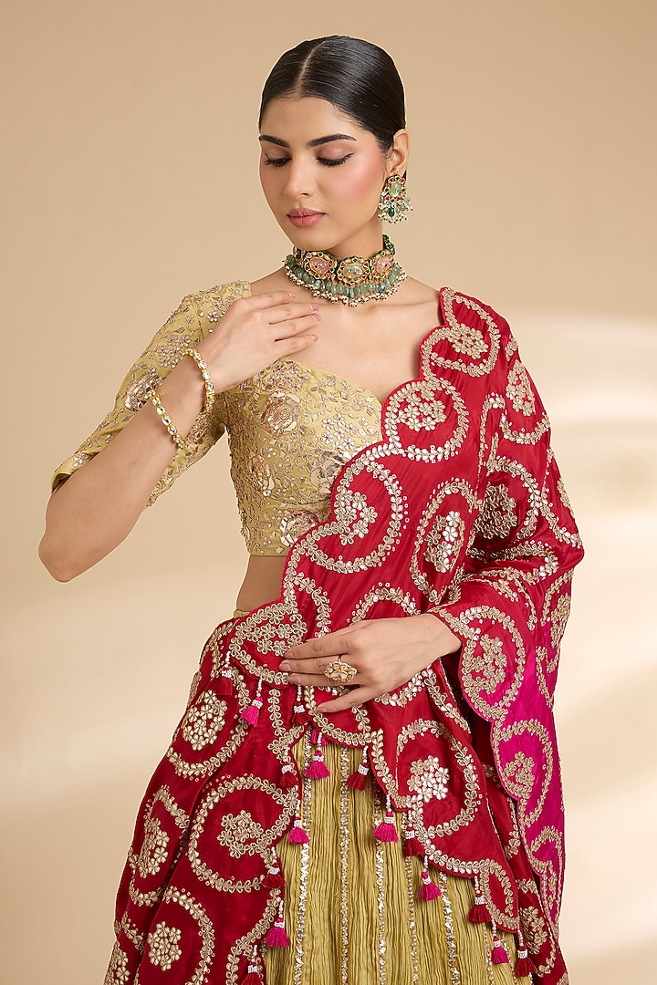 Mehendi Green Silk Embroidered Bridal Lehenga Saree Set by Faabiiana at Pernia's Pop Up Shop