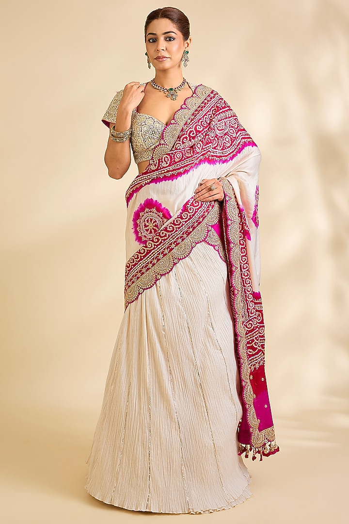 Ivory Silk Lehenga Style Bridal Saree Set by Faabiiana at Pernia's Pop Up Shop