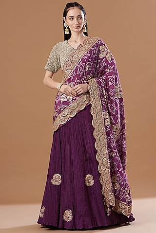 Wine Crushed Silk Lehenga Saree Set by Faabiiana