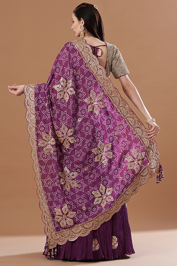 Wine Crushed Silk Bridal Lehenga Saree Set by Faabiiana at Pernia's Pop Up Shop