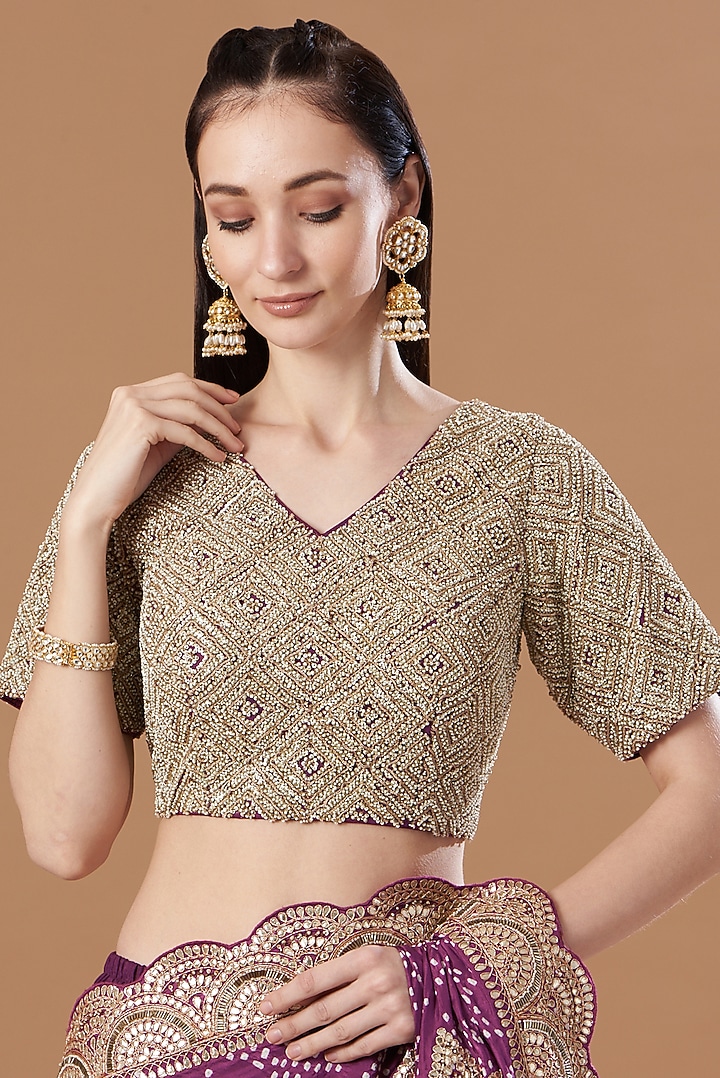 Wine Crushed Silk Bridal Lehenga Saree Set by Faabiiana at Pernia's Pop Up Shop