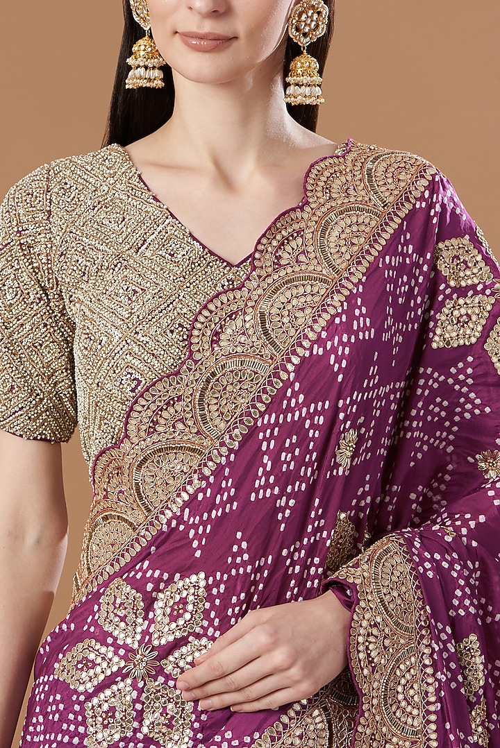 Wine Crushed Silk Bridal Lehenga Saree Set by Faabiiana at Pernia's Pop Up Shop