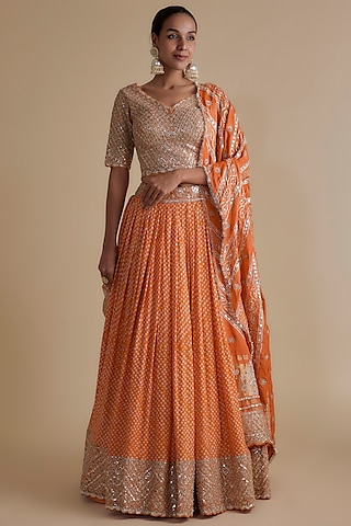 Orange Bandhani Lehenga Set by Faabiiana