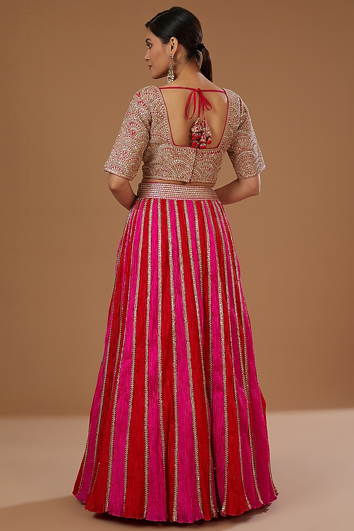Red & Pink Tissue Chanderi Bridal Lehenga Set by Faabiiana at Pernia's Pop Up Shop