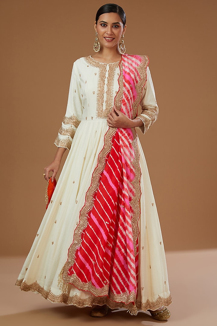 Ivory Moonga Silk Gota Embroidered Bridal Anarkali Set by Faabiiana at Pernia's Pop Up Shop