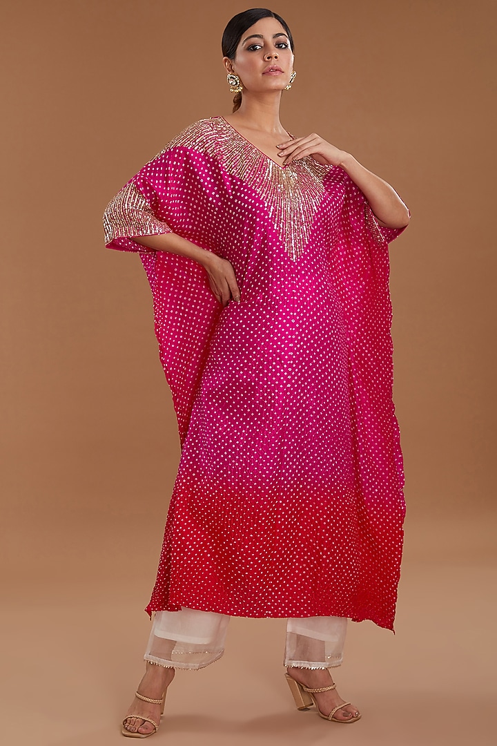 Pink Silk Shaded Gota Embroidered Kaftan Set by Faabiiana at Pernia's Pop Up Shop