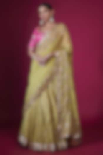 Green Cotton Gota Embroidered Crushed Bridal Lehenga Set by Faabiiana at Pernia's Pop Up Shop